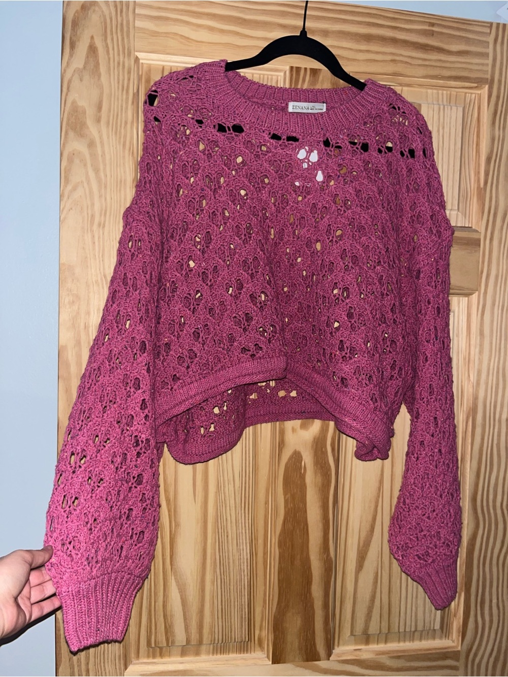 Zenana Outfitters Openwork Crochet Pullover Sweater - Rose